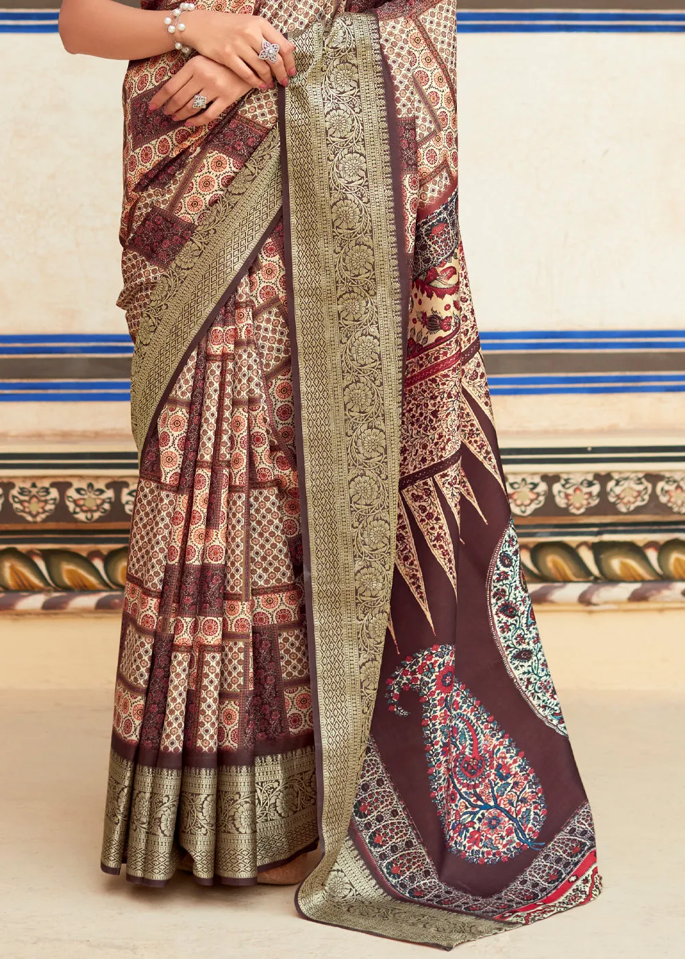 Chocolate Brown Woven Banarasi Printed Soft Silk Saree