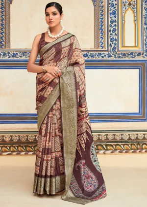 Chocolate Brown Woven Banarasi Printed Soft Silk Saree