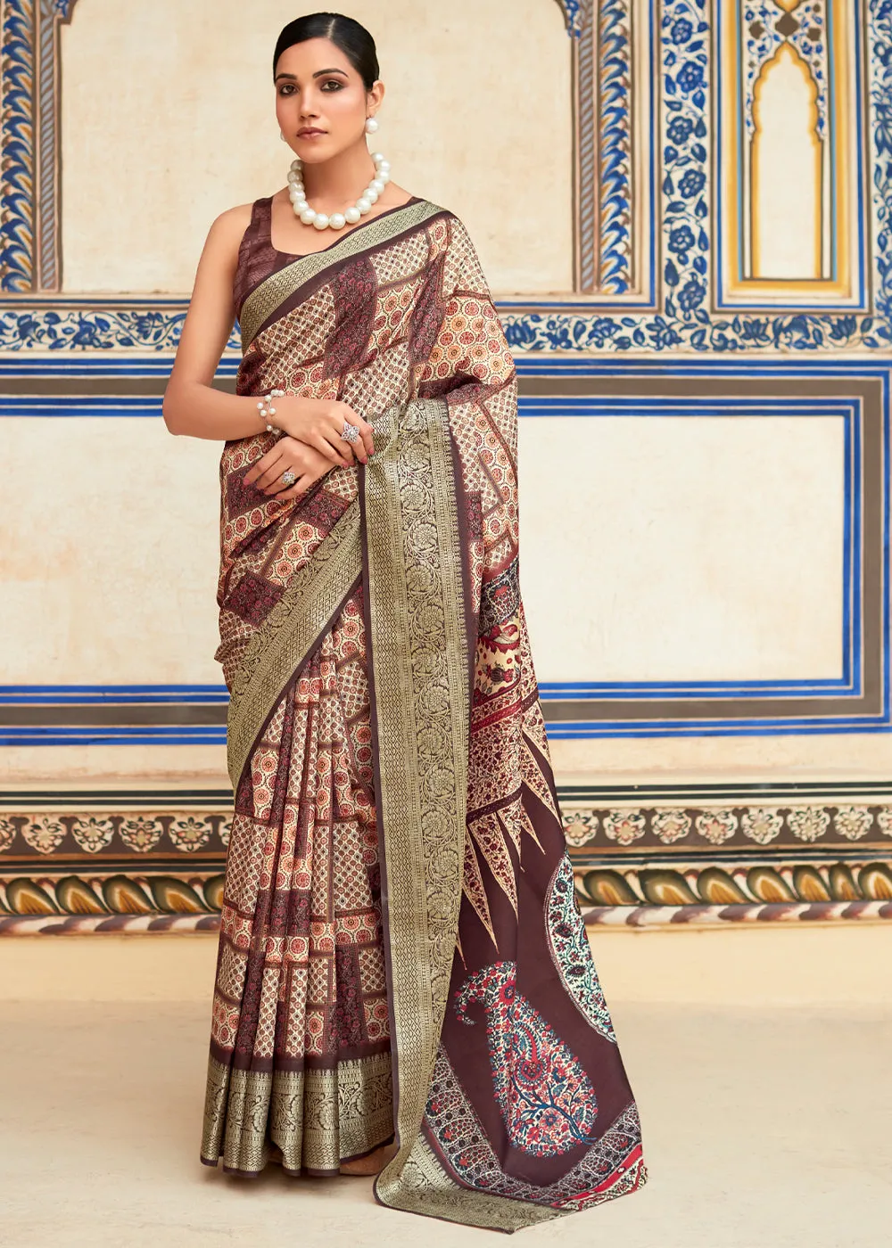 Chocolate Brown Woven Banarasi Printed Soft Silk Saree