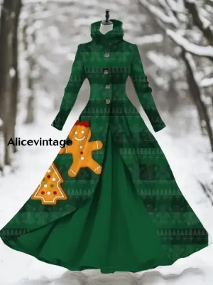 Christmas Art Print Vintage Elegant Long Sleeve Fake Two Piece Maxi Dress