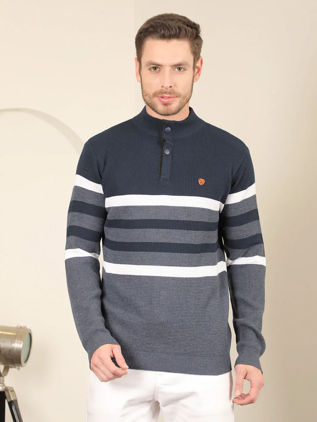 COBB NAVY BLUE STRIPED ROUND NECK HALF-BUTTON SWEATER