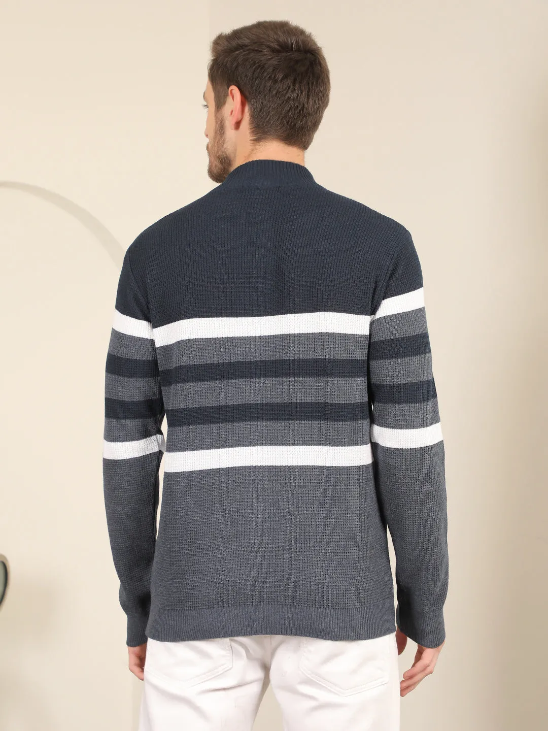 COBB NAVY BLUE STRIPED ROUND NECK HALF-BUTTON SWEATER