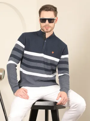 COBB NAVY BLUE STRIPED ROUND NECK HALF-BUTTON SWEATER