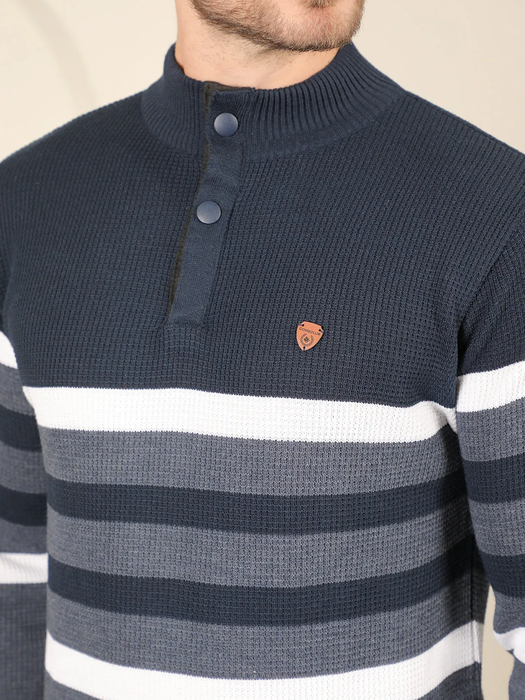 COBB NAVY BLUE STRIPED ROUND NECK HALF-BUTTON SWEATER