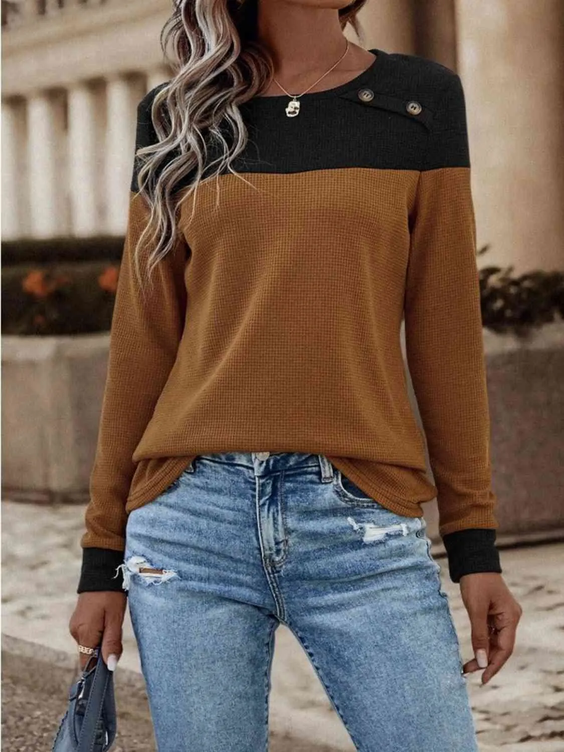 Contrast Color Buttoned Round Neck Long Sleeve Top (3 Colors)