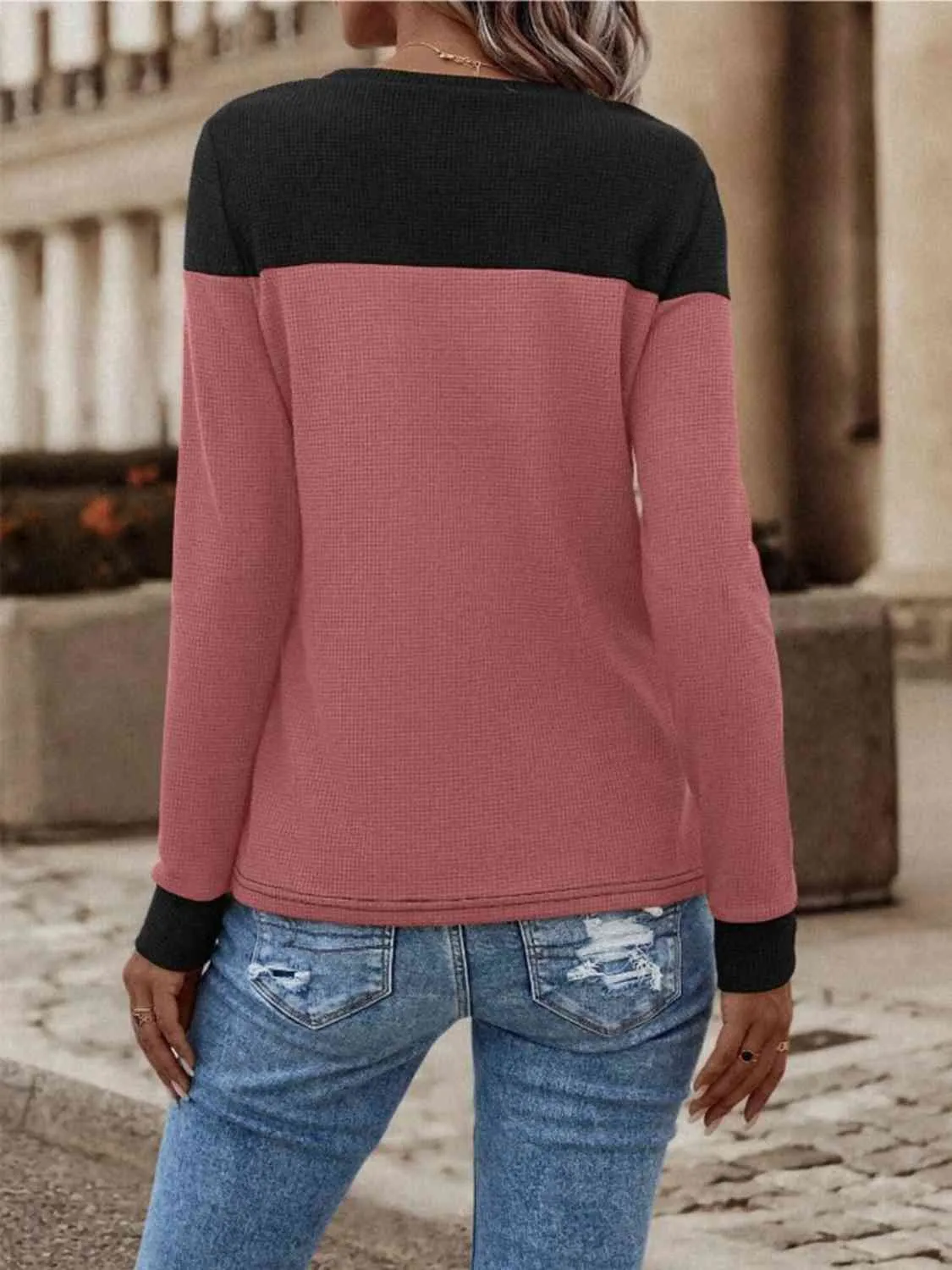 Contrast Color Buttoned Round Neck Long Sleeve Top (3 Colors)