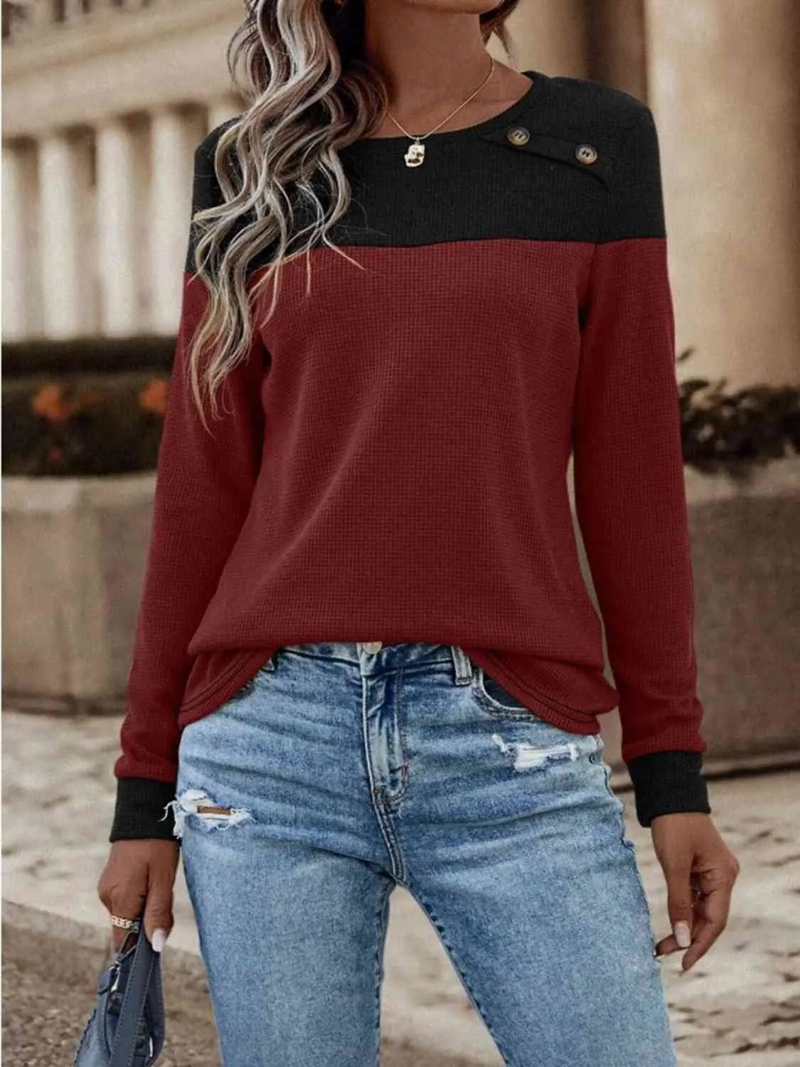 Contrast Color Buttoned Round Neck Long Sleeve Top (3 Colors)