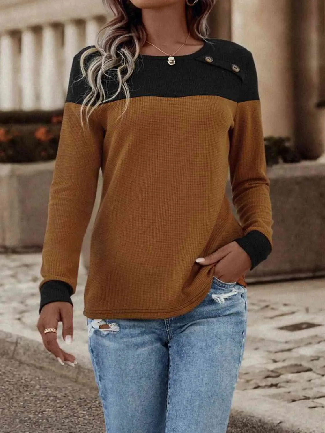 Contrast Color Buttoned Round Neck Long Sleeve Top (3 Colors)