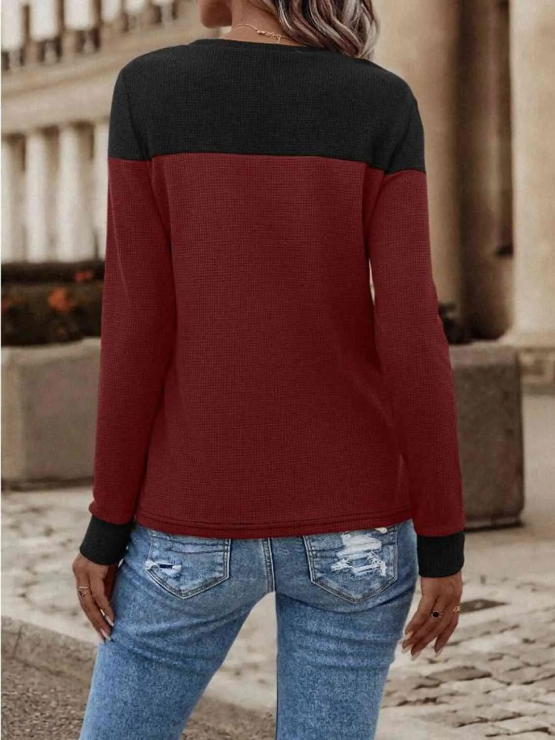 Contrast Color Buttoned Round Neck Long Sleeve Top (3 Colors)
