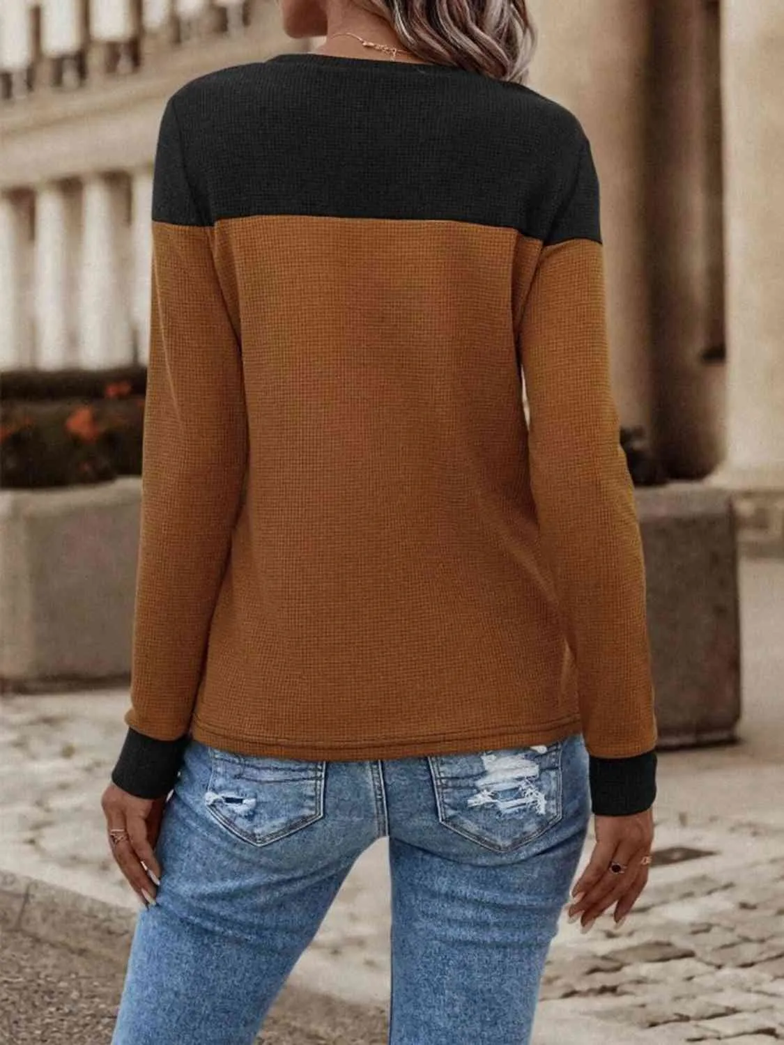 Contrast Color Buttoned Round Neck Long Sleeve Top (3 Colors)