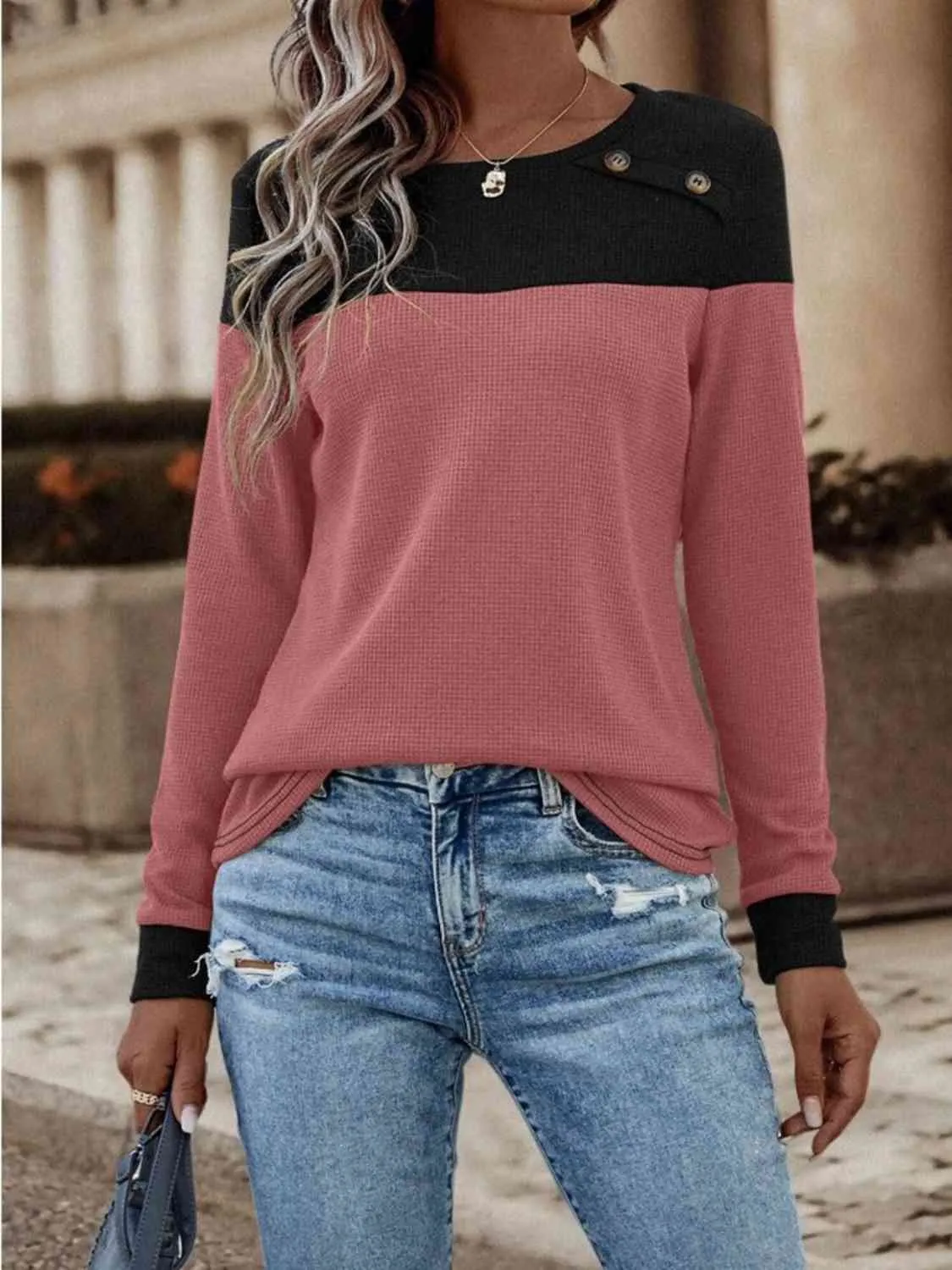 Contrast Color Buttoned Round Neck Long Sleeve Top (3 Colors)