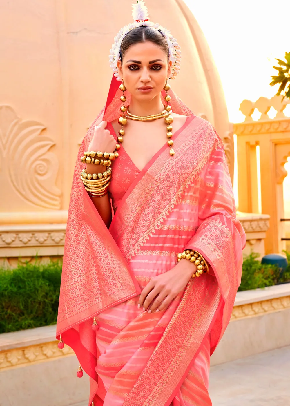 Coral Peach Printed Soft Silk Saree