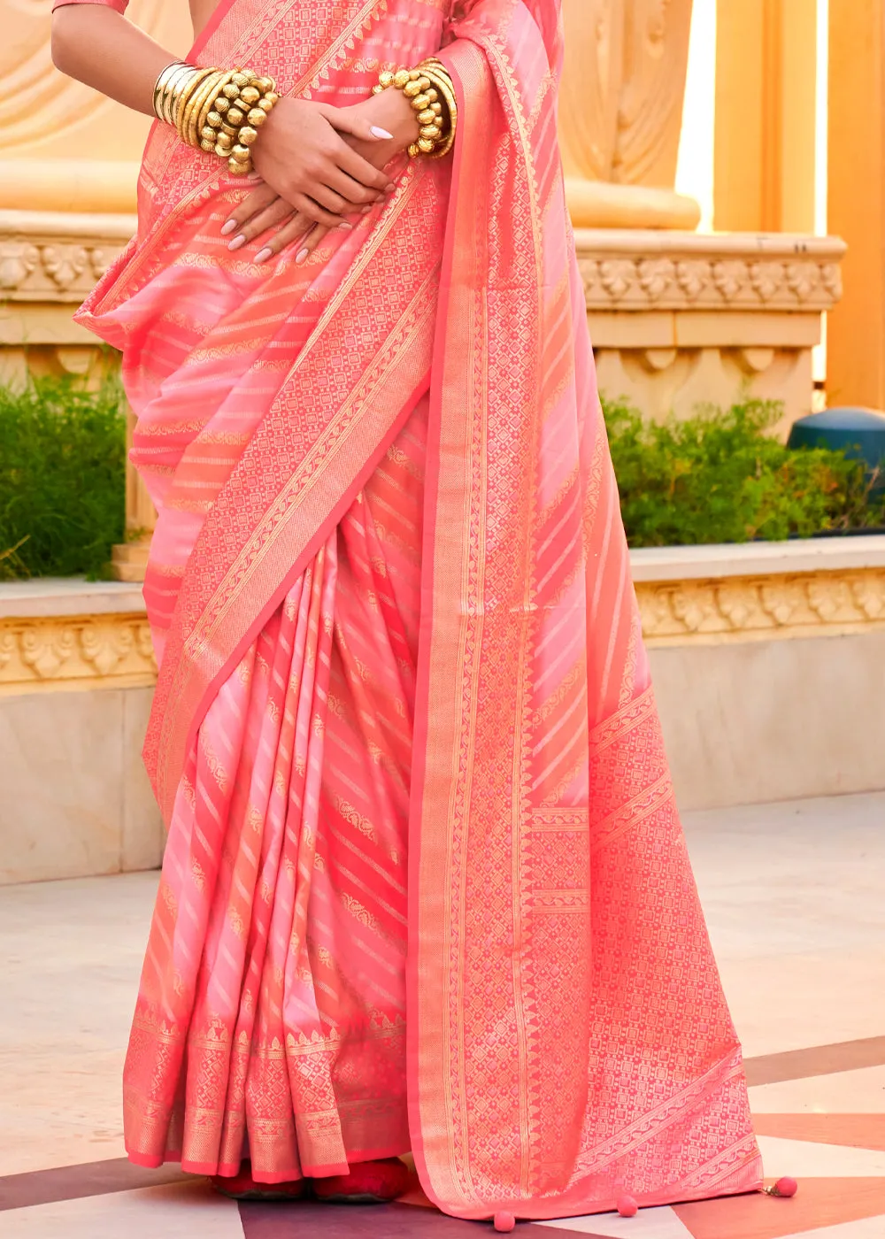 Coral Peach Printed Soft Silk Saree