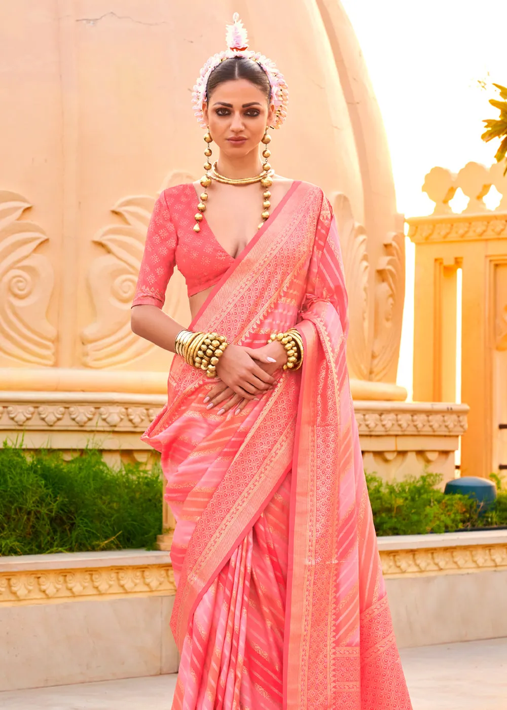 Coral Peach Printed Soft Silk Saree
