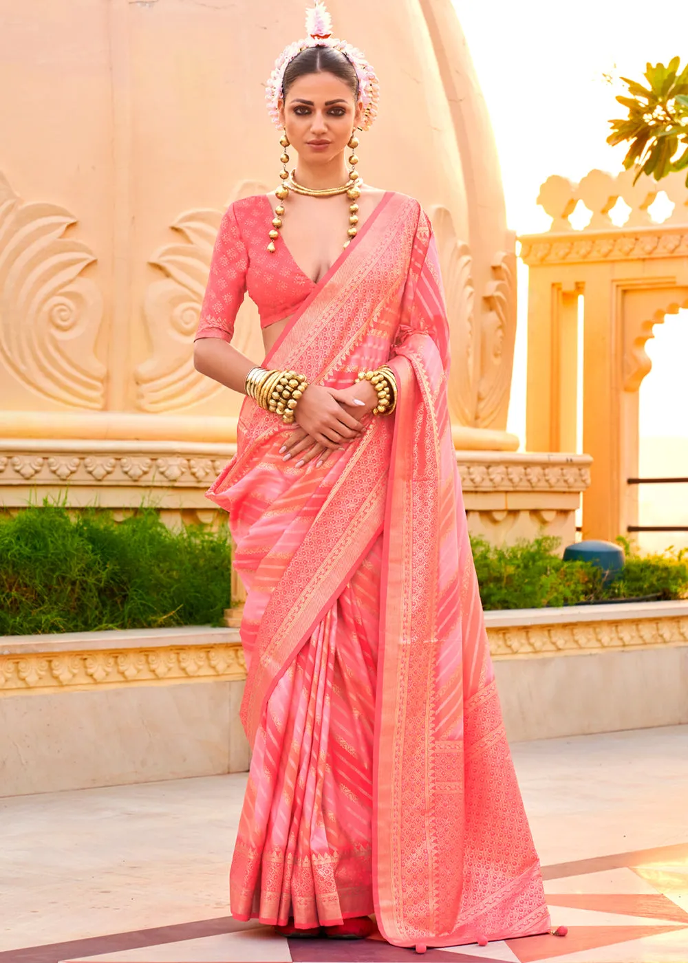Coral Peach Printed Soft Silk Saree