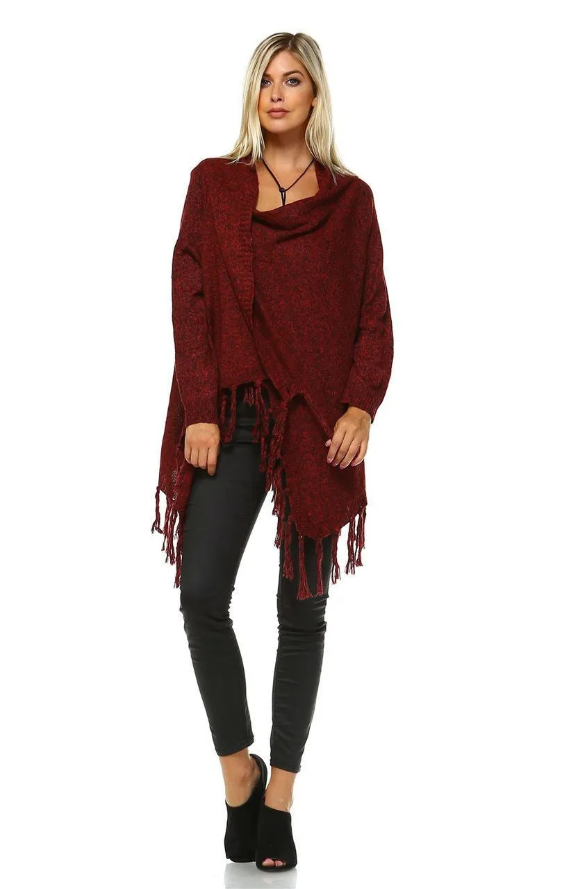Cowl Aztec Cardigan Tribal Sweater Ponchos Burgundy Wine