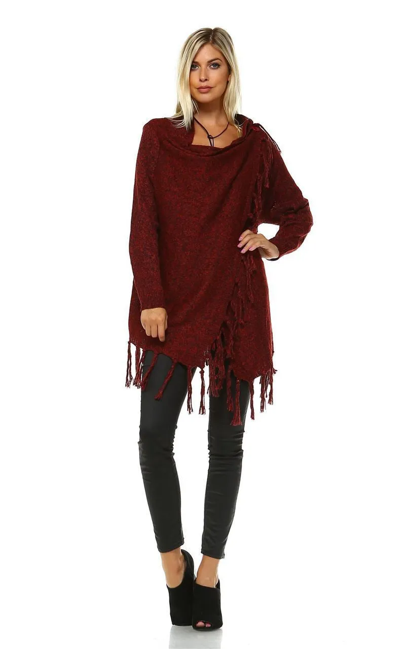 Cowl Aztec Cardigan Tribal Sweater Ponchos Burgundy Wine