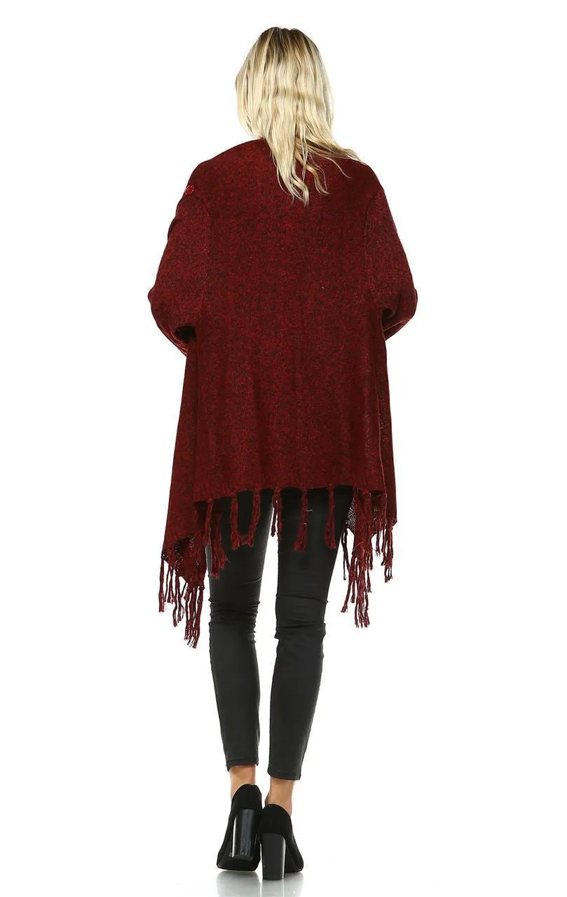 Cowl Aztec Cardigan Tribal Sweater Ponchos Burgundy Wine