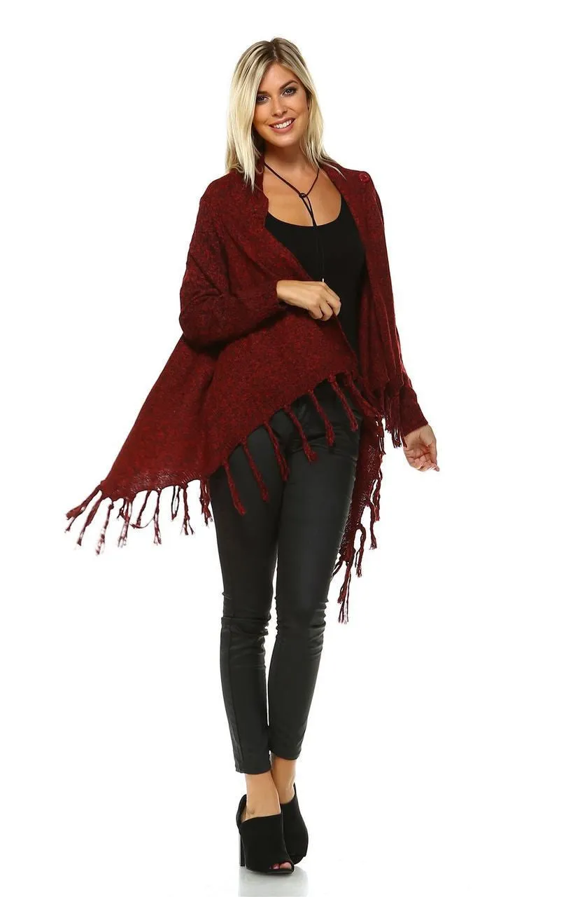 Cowl Aztec Cardigan Tribal Sweater Ponchos Burgundy Wine