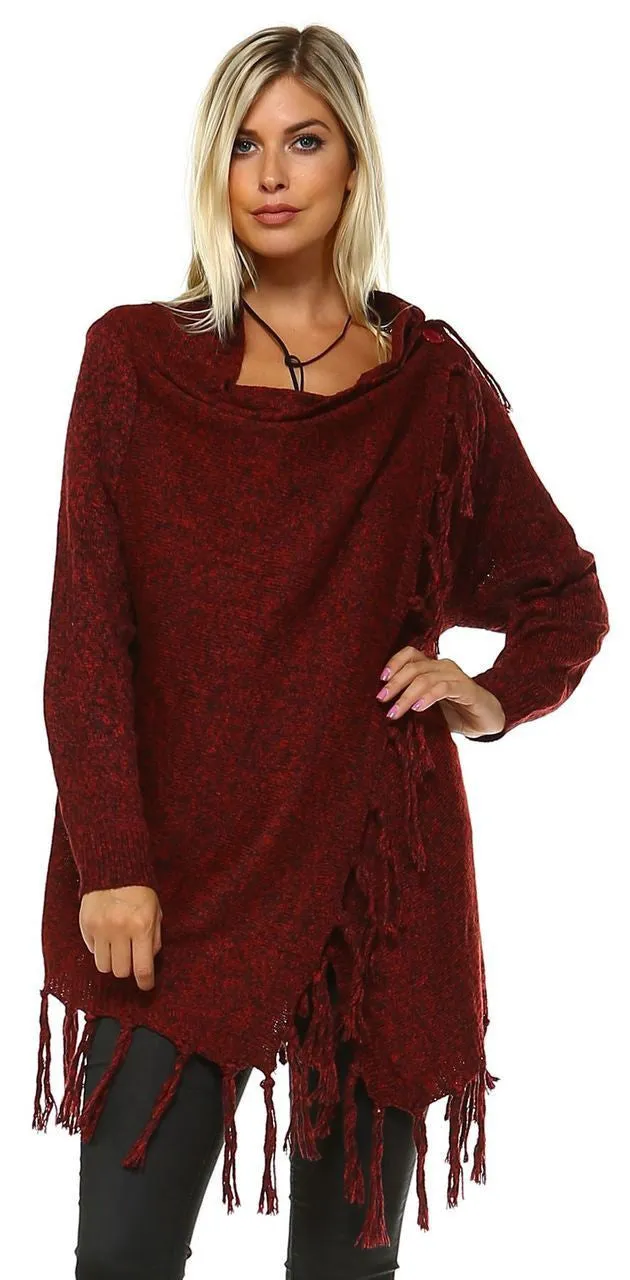 Cowl Aztec Cardigan Tribal Sweater Ponchos Burgundy Wine