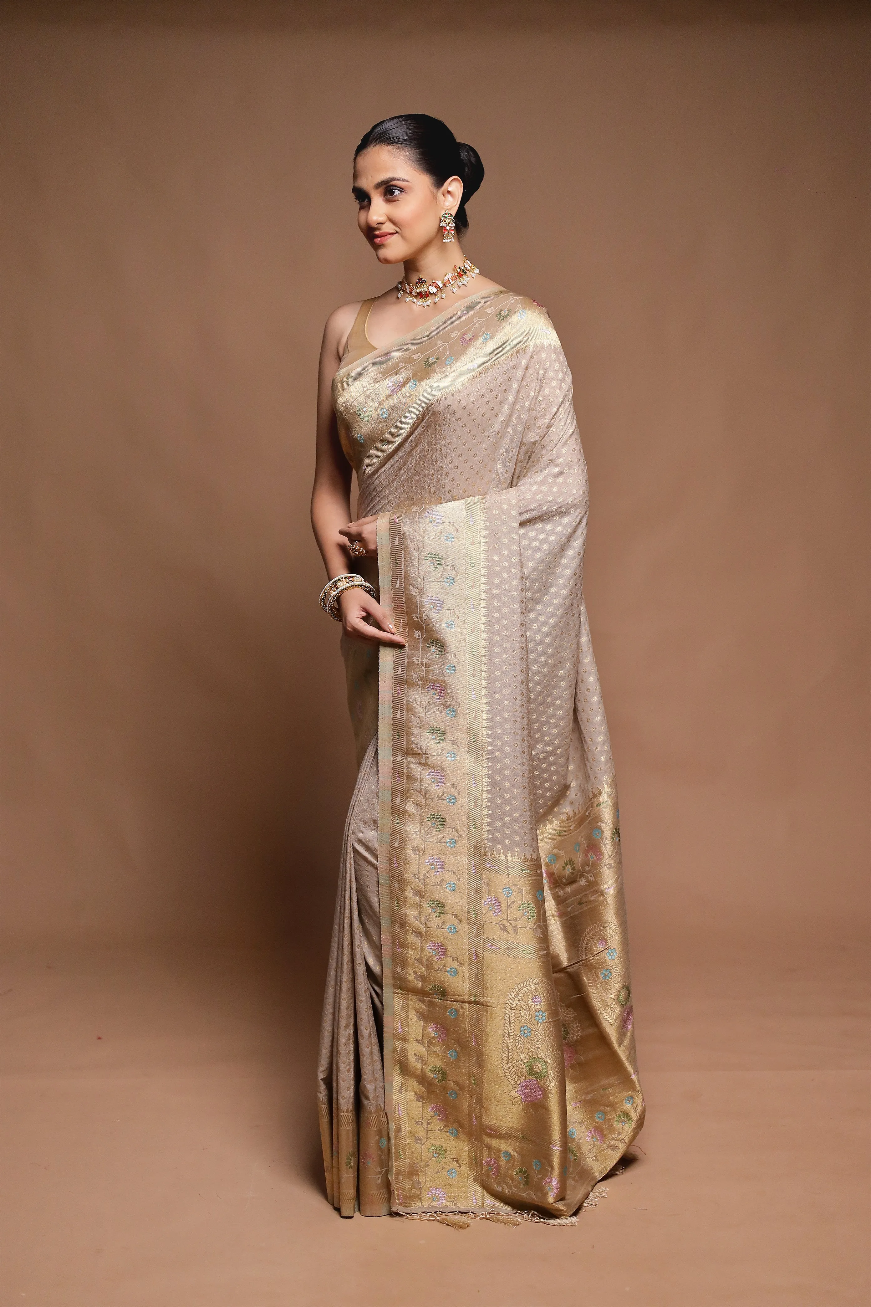 Cream Dupion Silk Saree With Blouse Piece