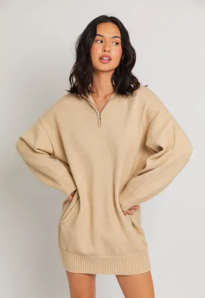 Cream Half Zip Tunic Sweater Dress