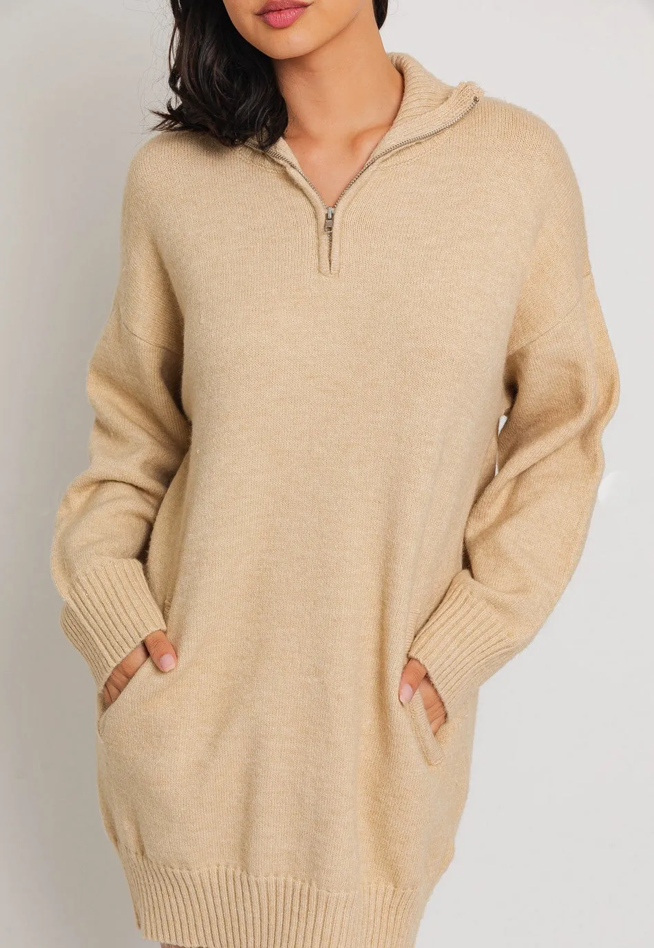 Cream Half Zip Tunic Sweater Dress