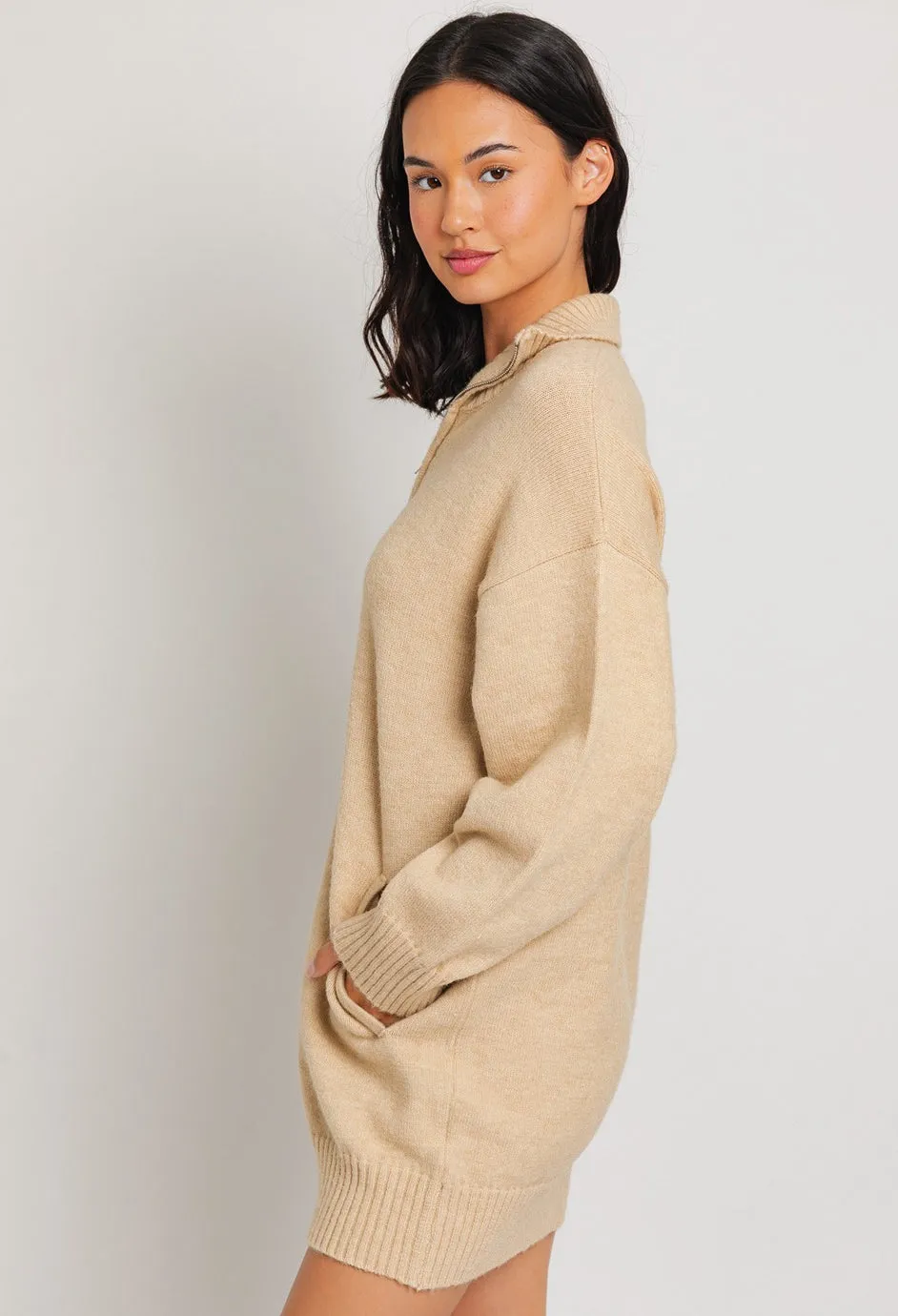 Cream Half Zip Tunic Sweater Dress