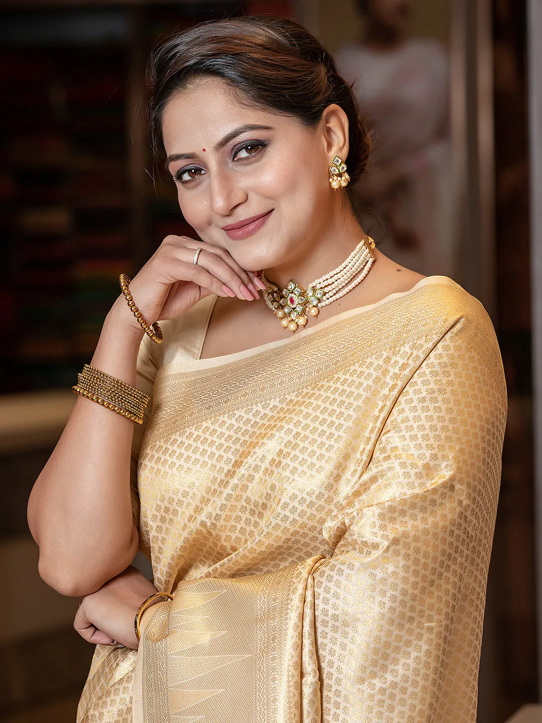 Cream Soft Silk Brocade Saree