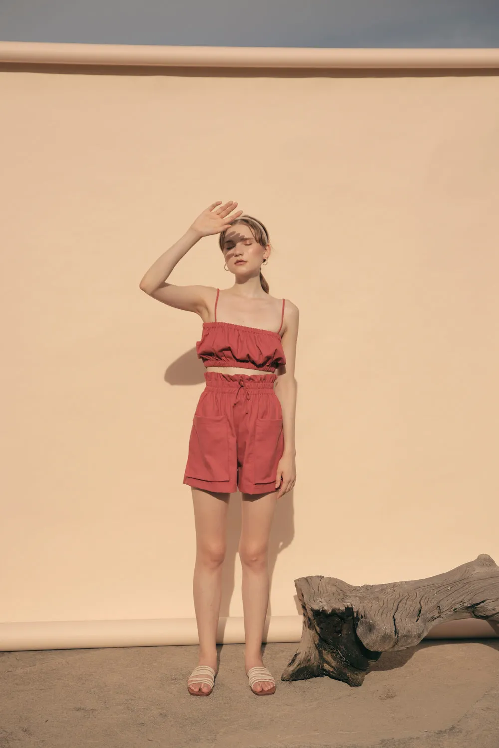 CRETE SET Two Piece Paperbag Trouser Shorts with Front Pockets and Gathered Crop Top (Rust Linen)