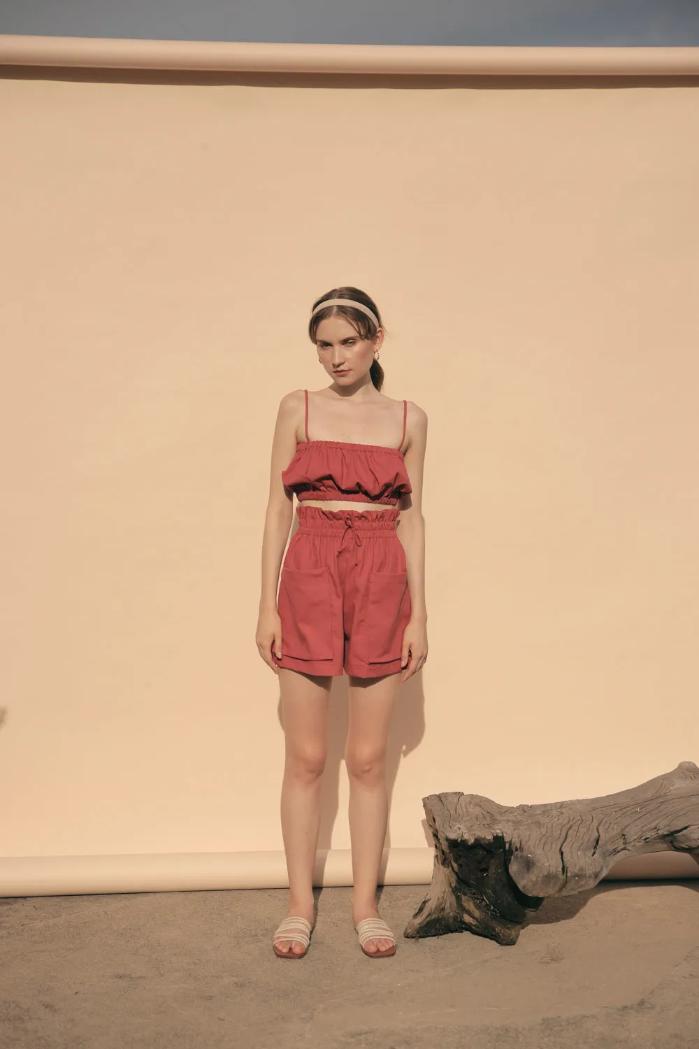 CRETE SET Two Piece Paperbag Trouser Shorts with Front Pockets and Gathered Crop Top (Rust Linen)