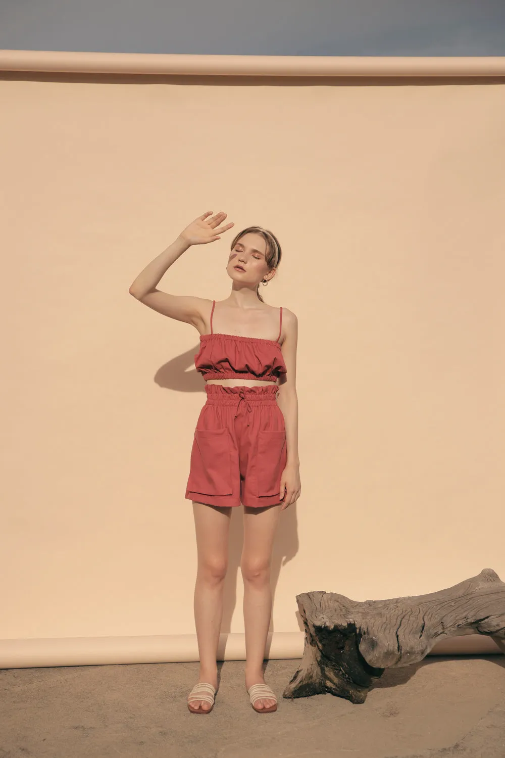CRETE SET Two Piece Paperbag Trouser Shorts with Front Pockets and Gathered Crop Top (Rust Linen)