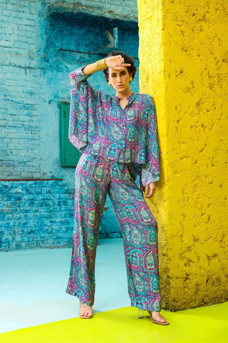 Crimson Blue Print Relaxed Pattern Co-ord Set