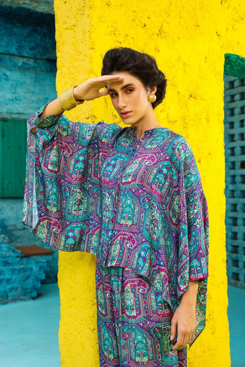 Crimson Blue Print Relaxed Pattern Co-ord Set