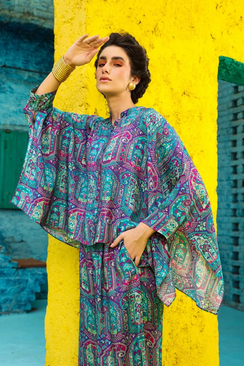 Crimson Blue Print Relaxed Pattern Co-ord Set