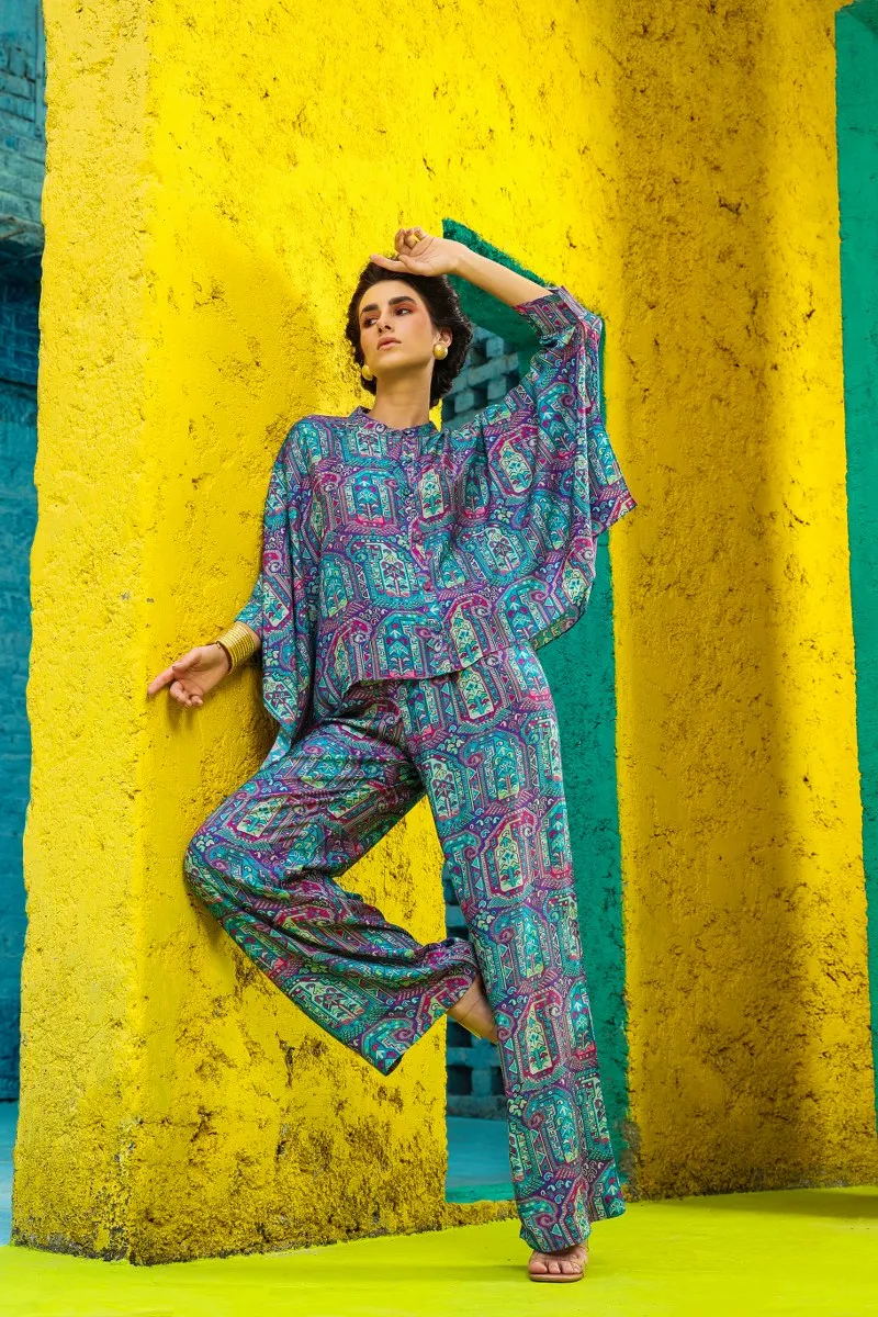 Crimson Blue Print Relaxed Pattern Co-ord Set