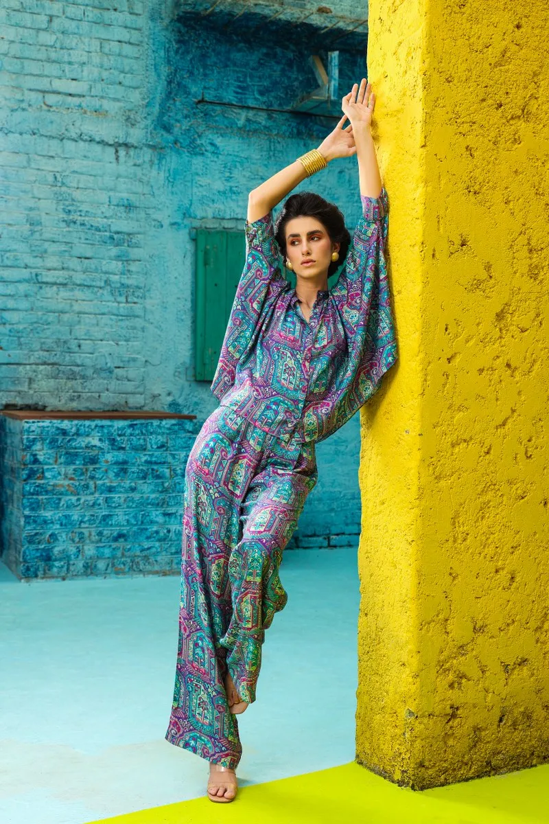 Crimson Blue Print Relaxed Pattern Co-ord Set