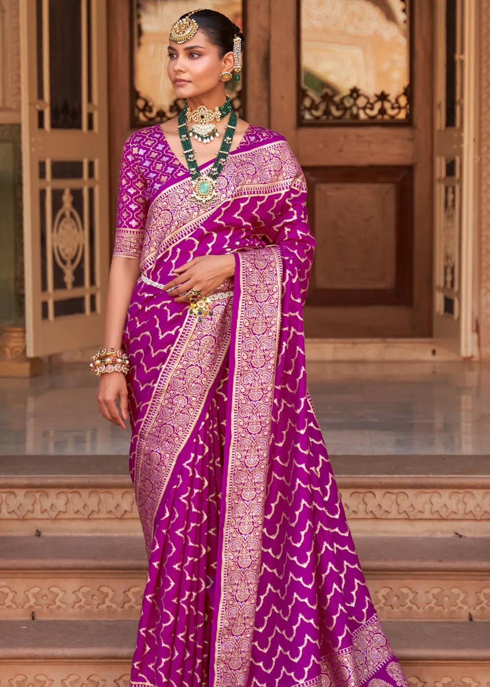 Dahlia Purple Printed Banarasi Soft Silk Saree