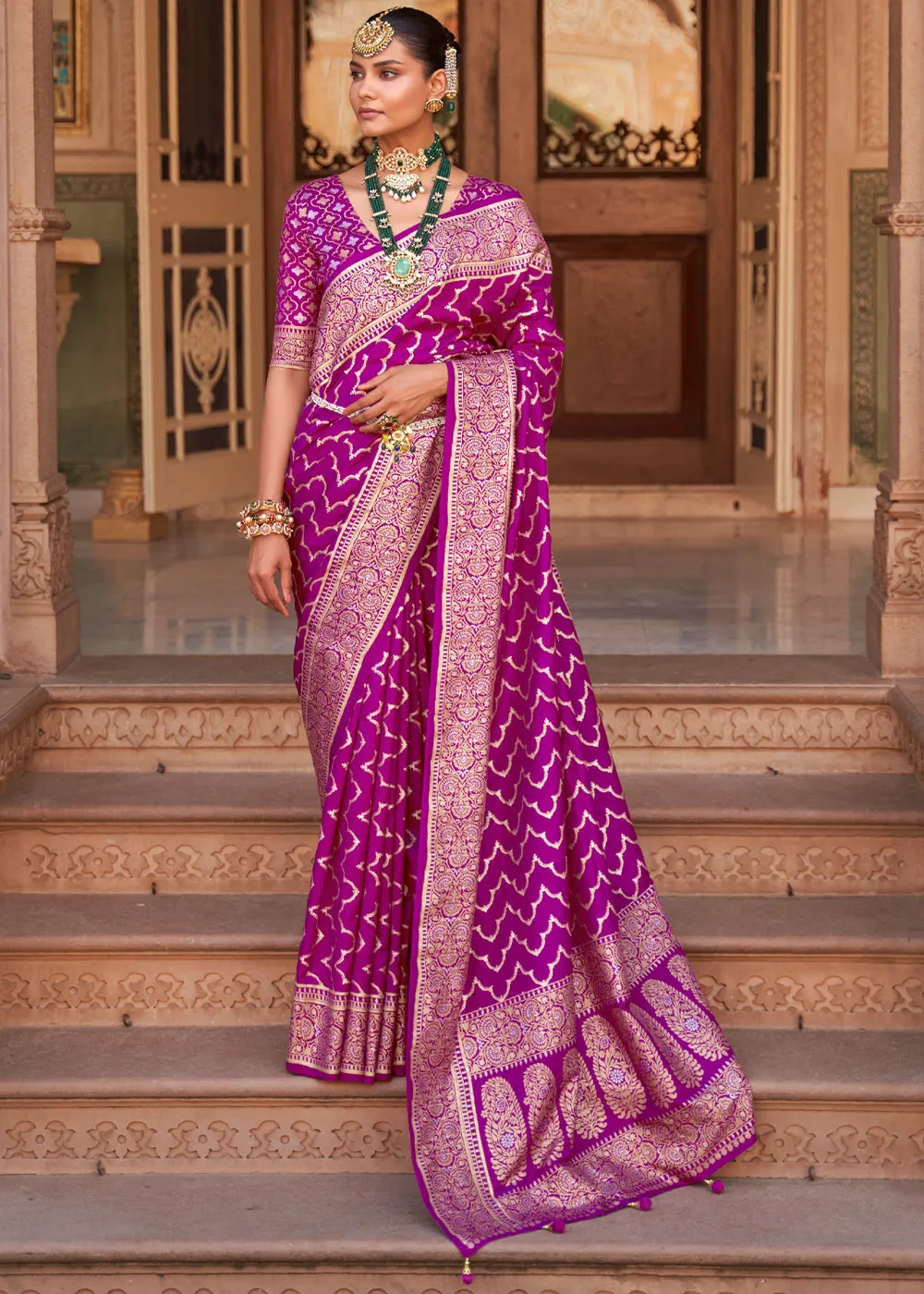 Dahlia Purple Printed Banarasi Soft Silk Saree