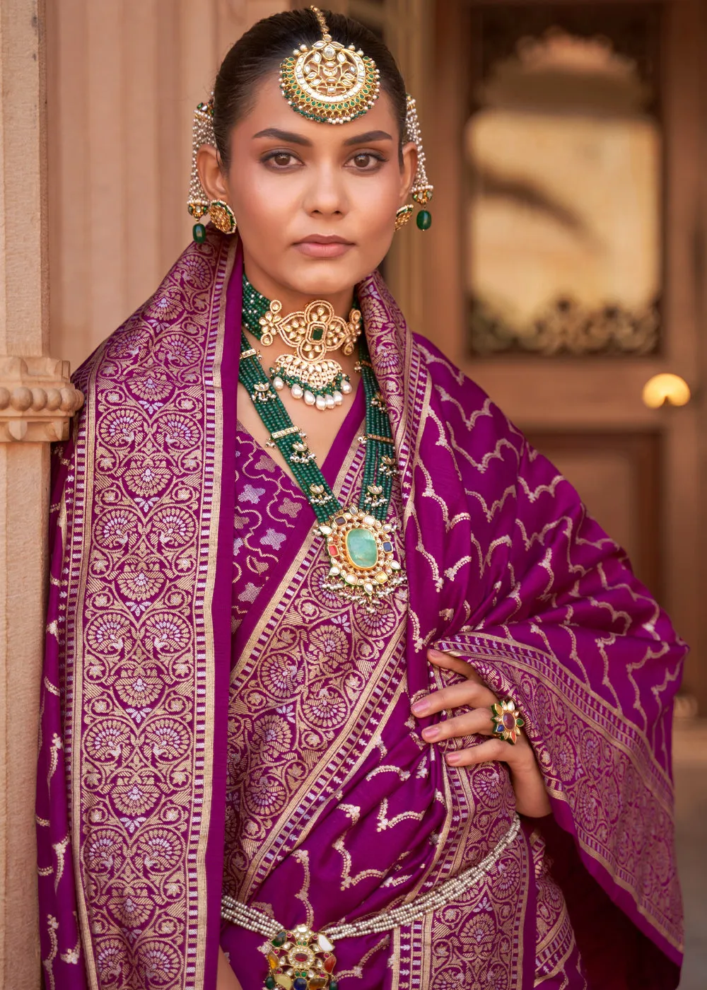 Dahlia Purple Printed Banarasi Soft Silk Saree