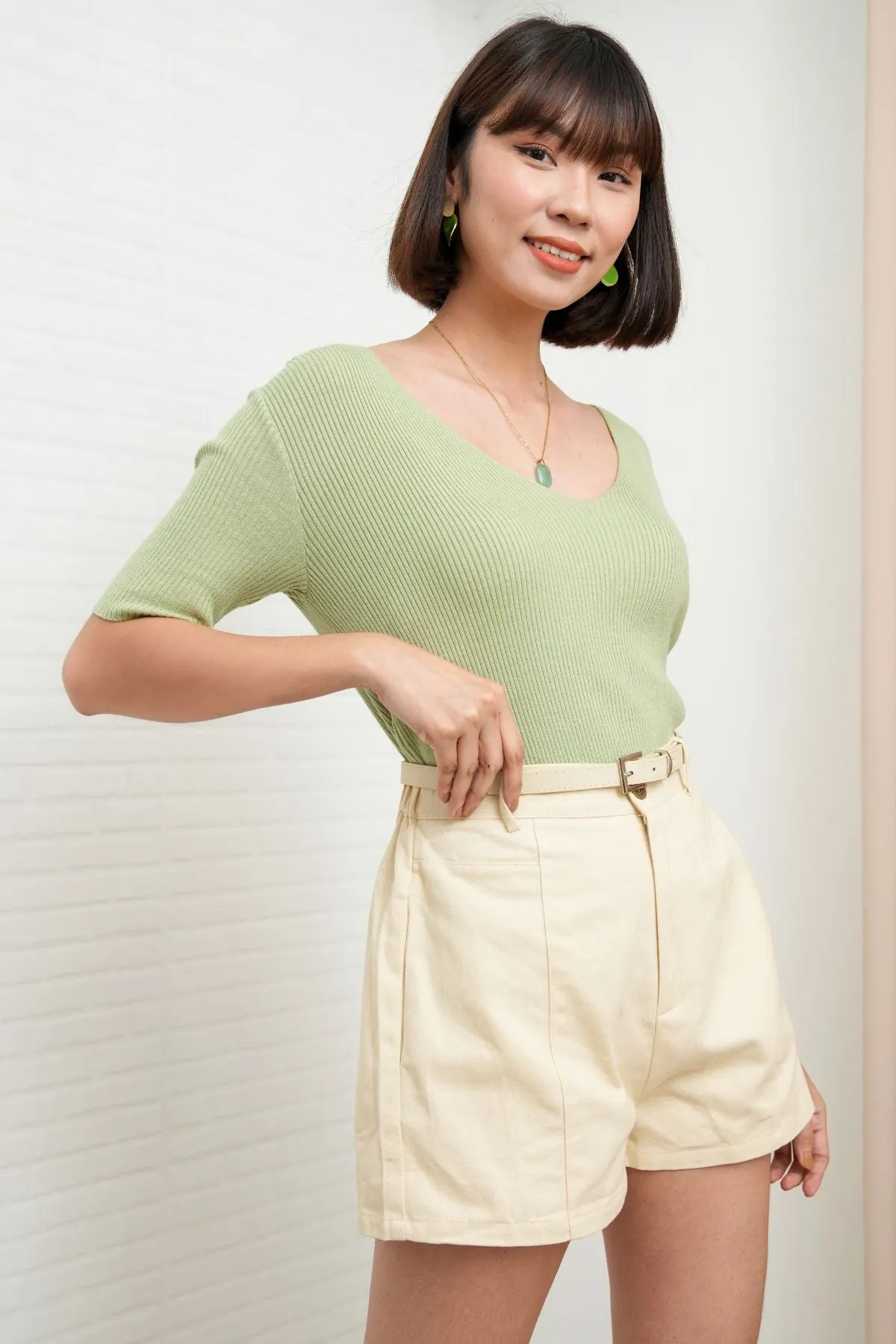 DARCY Tailored High Waist Belted Shorts (Light Khaki)
