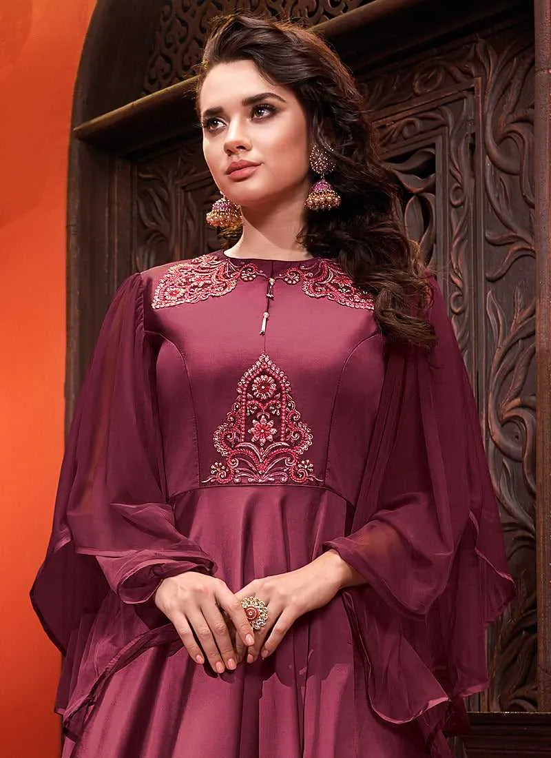 Dark Purple Embroidered Art Silk Gown