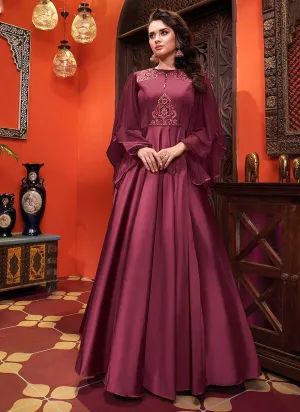 Dark Purple Embroidered Art Silk Gown