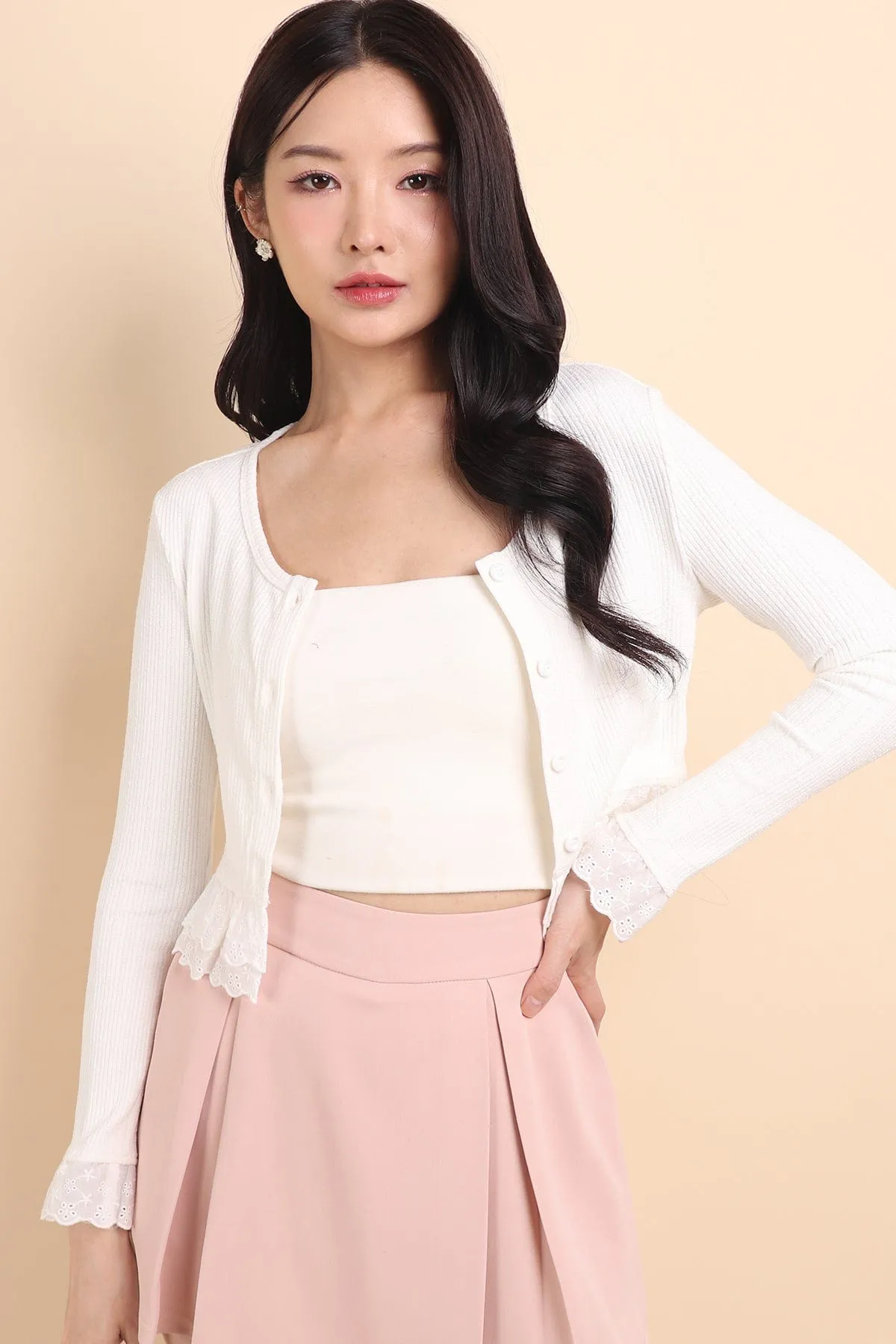 DEMURE CROPPED CARDIGAN IN WHITE