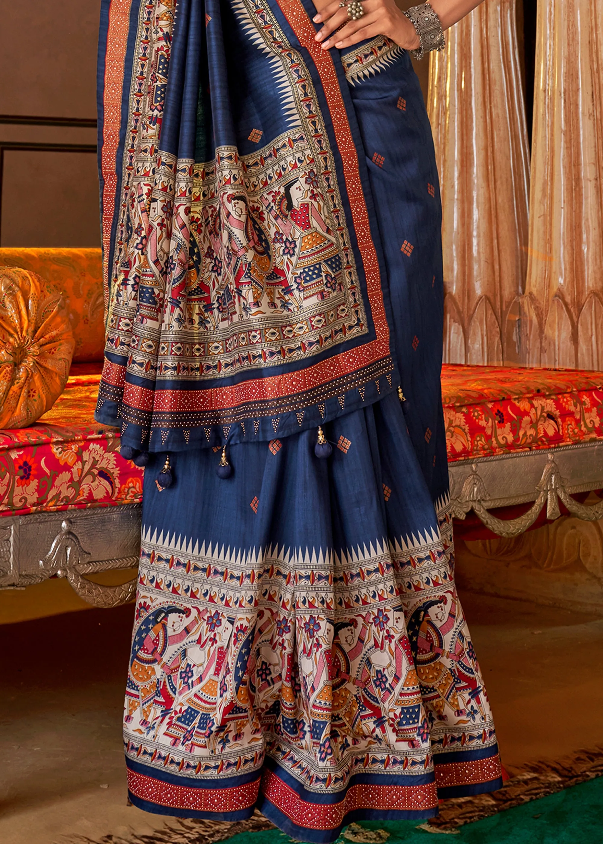 Denim Blue Madhubani Printed Saree