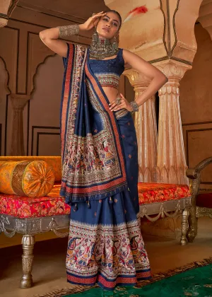 Denim Blue Madhubani Printed Saree