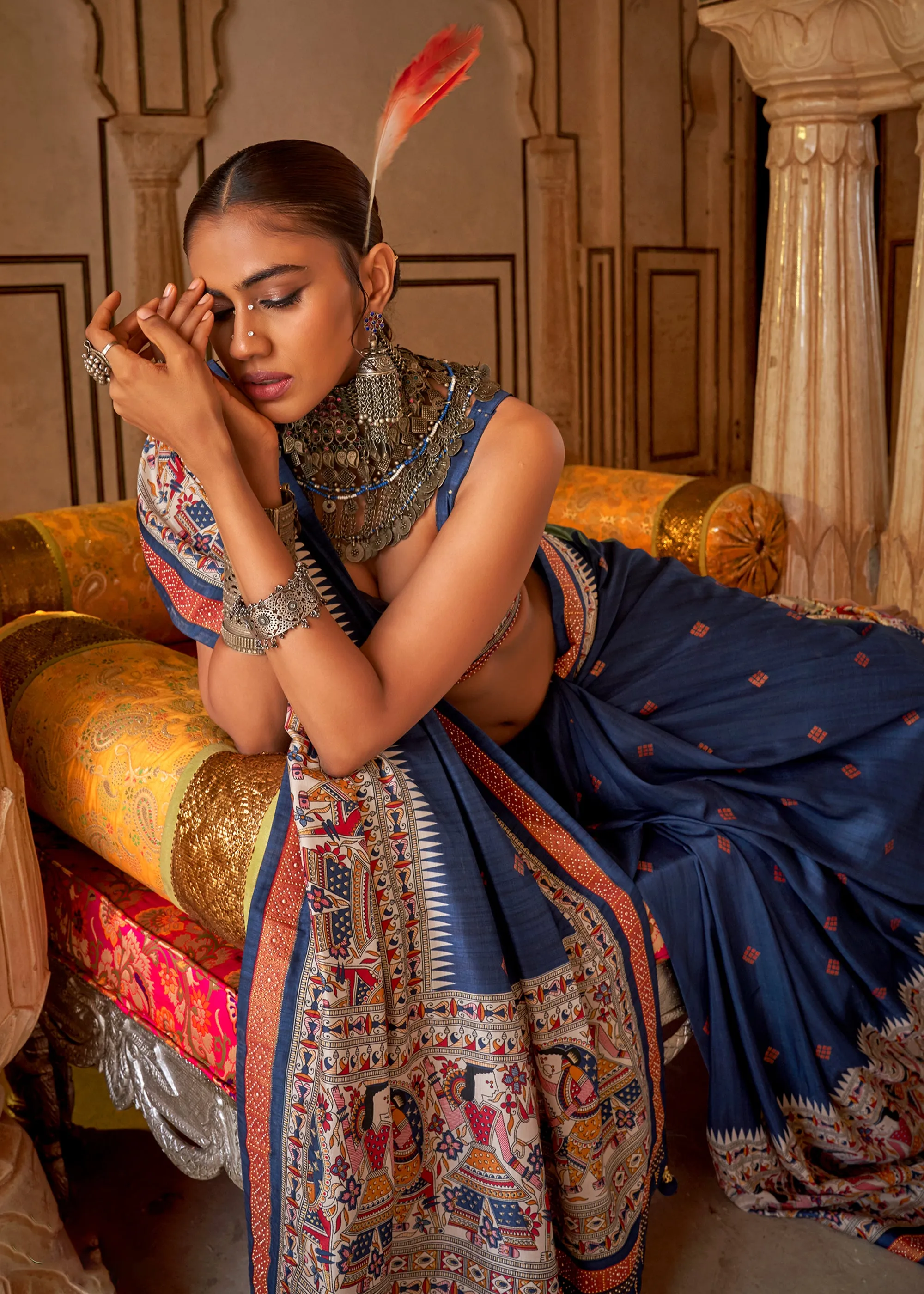 Denim Blue Madhubani Printed Saree