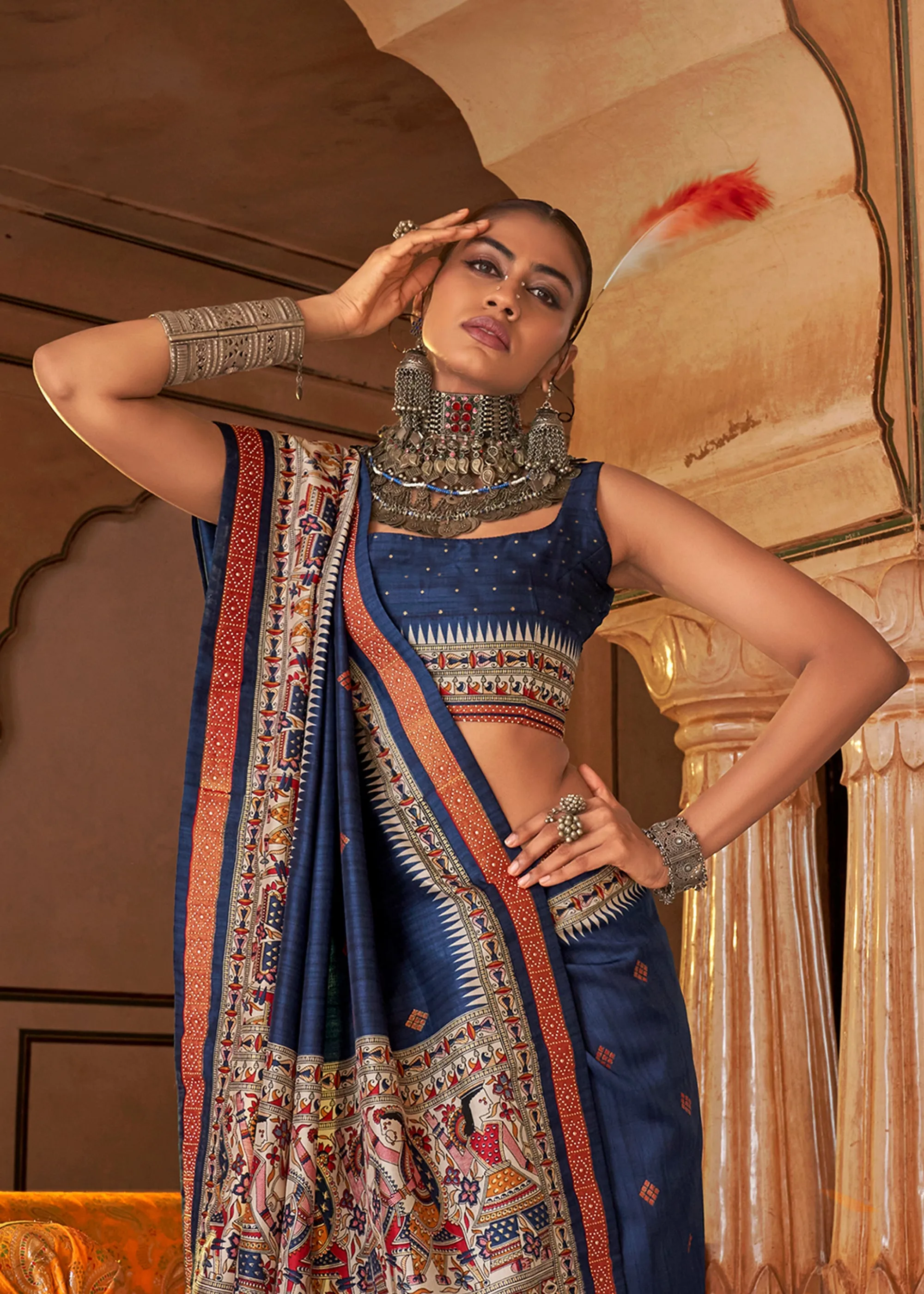 Denim Blue Madhubani Printed Saree