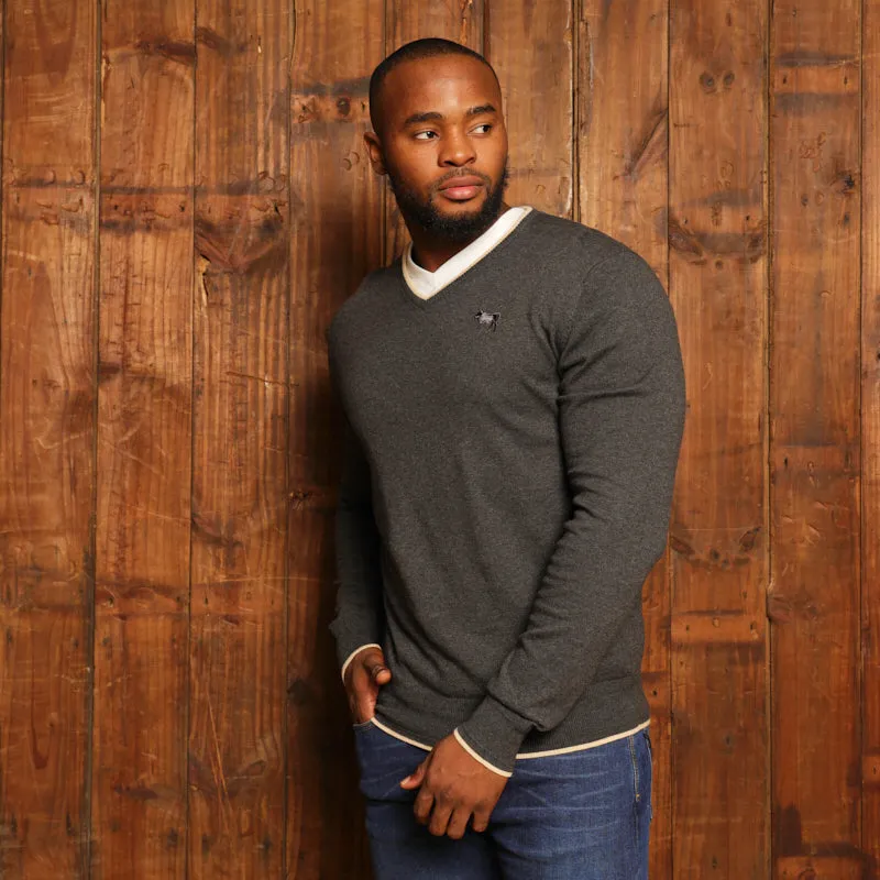 Double Tipped Cashmere Blend V-Neck Pullover - Gravel