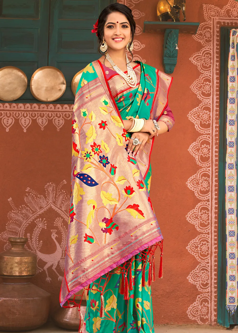 Electric Green Woven Paithani Soft Silk Saree